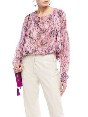 NWT IRO Pomea Pink Purple Ikat Sheer Silk Georgette Draped Blouse, Size 36/XS